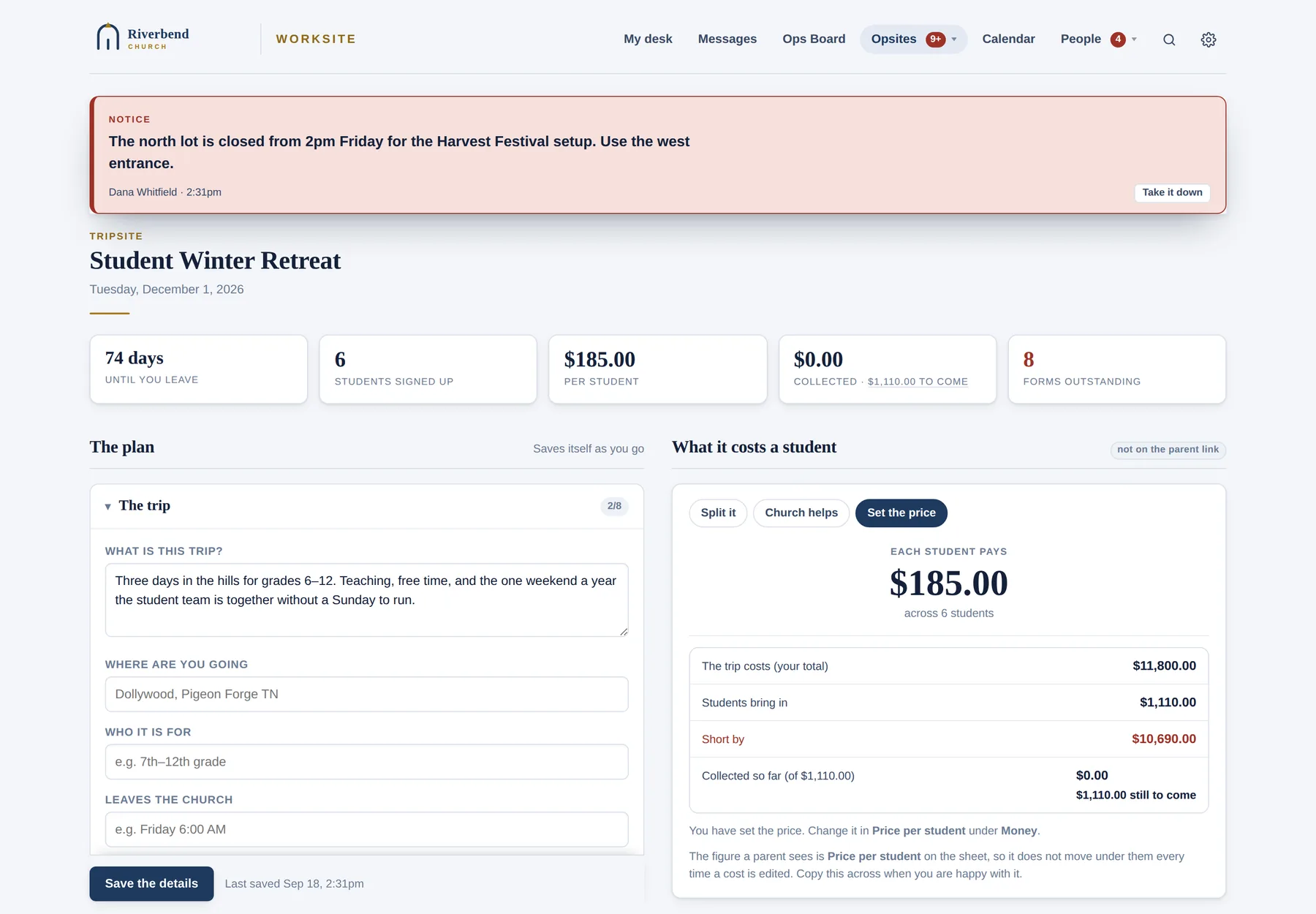 A TripSite with the roster, payments and forms.